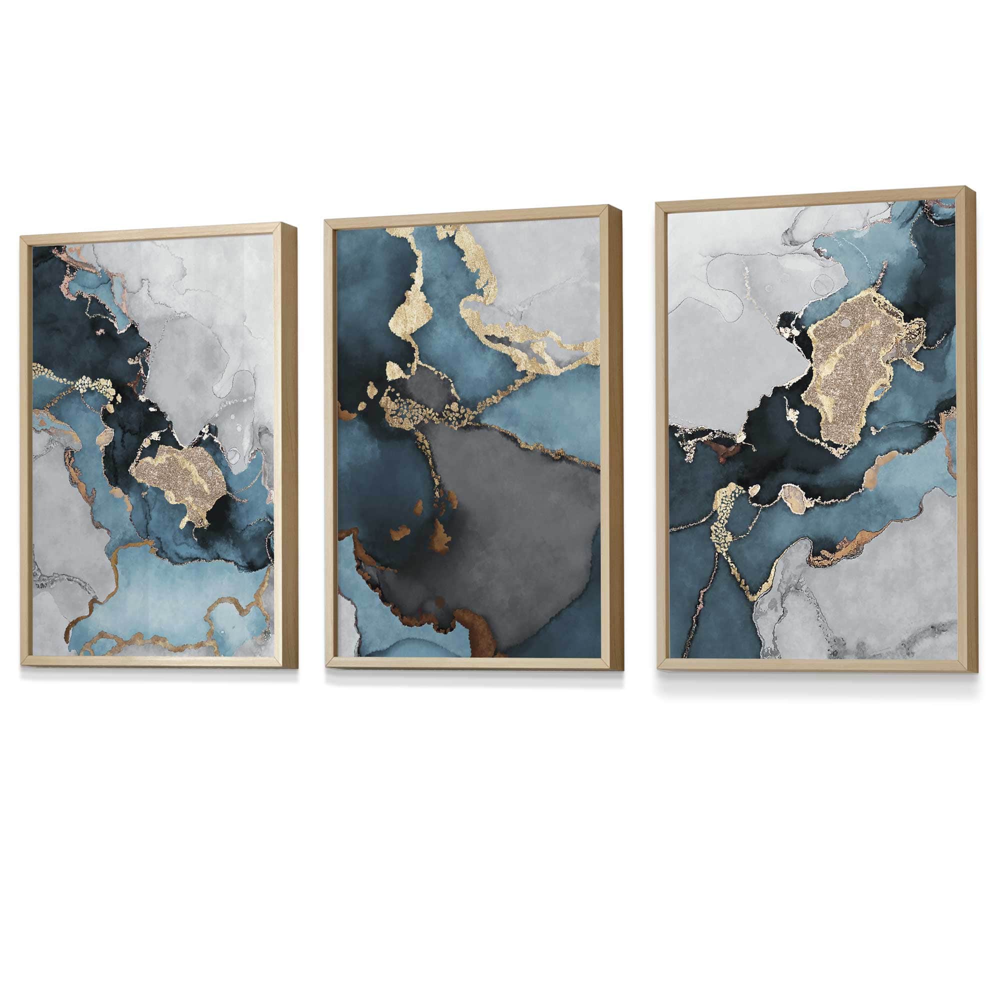 Set of 3 Abstract Art Framed / Prints of Paintings Teal Blue Grey and Gold | Artze Wall Art UK