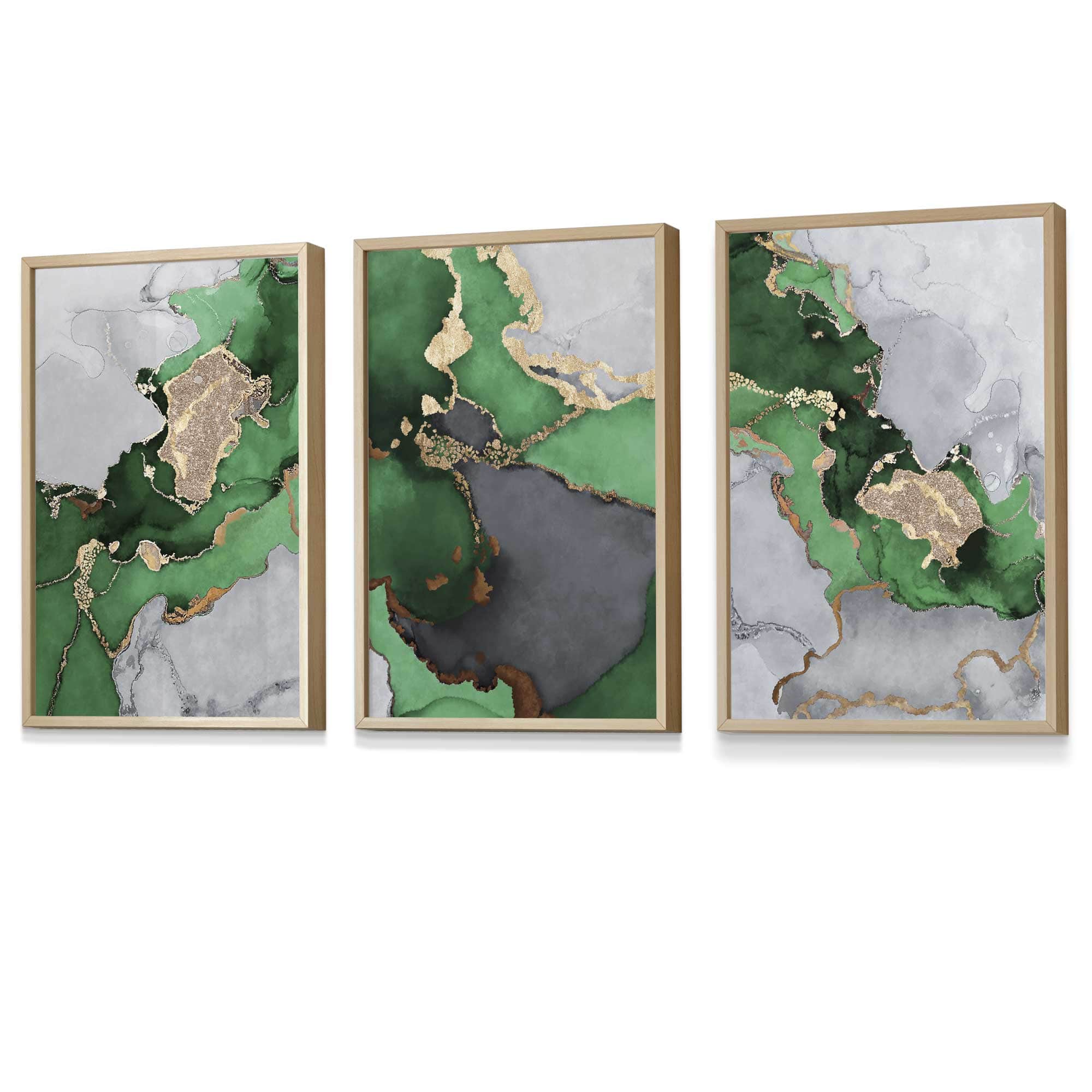Framed Set of 3 Abstract Art Prints of Paintings Green Grey and Gold | Artze Wall Art UK