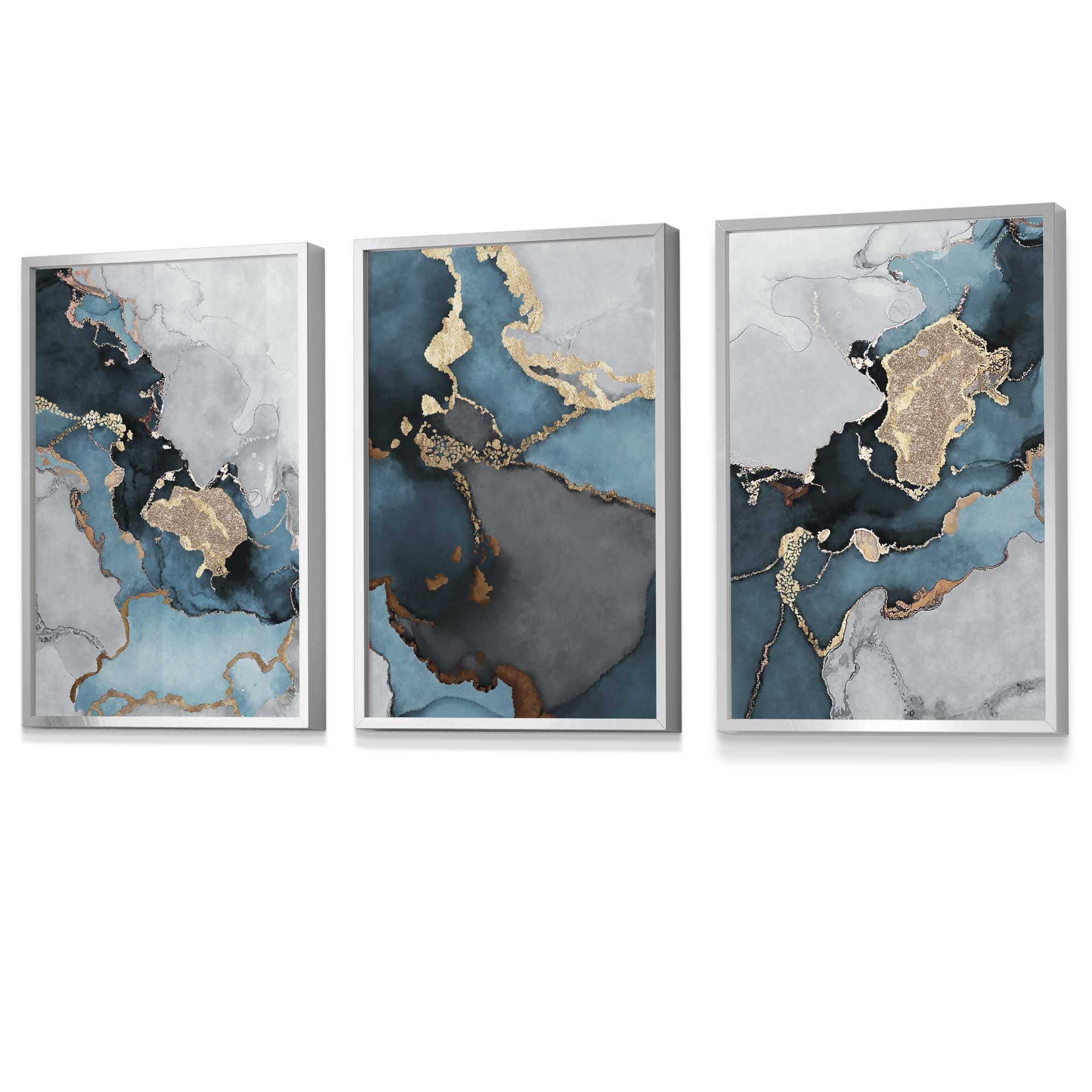 Set of 3 Abstract Art Framed / Prints of Paintings Teal Blue Grey and Gold | Artze Wall Art UK