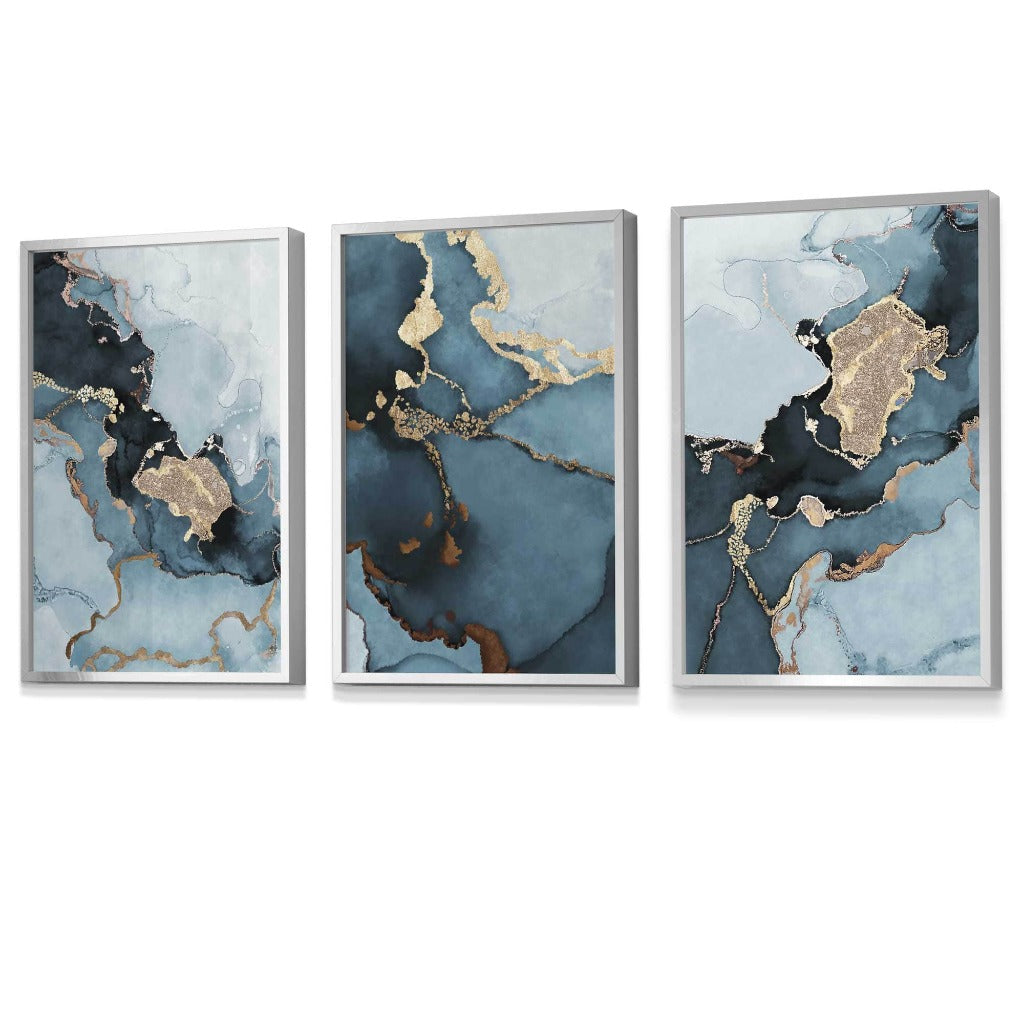 Set of 3 Abstract Teal Blue and Gold Framed Wall Art Prints | Artze Wall Art UK