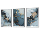 Set of 3 Abstract Teal Blue and Gold Framed Wall Art Prints | Artze Wall Art UK
