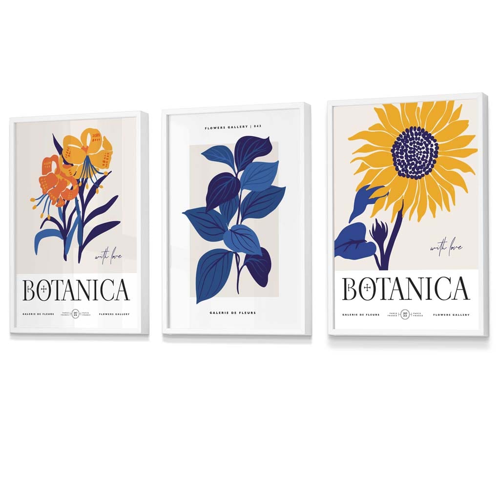 Blue & Yellow Set of 3 Floral Boho Sunflower Framed Wall Art Prints | Artze Wall Art UK