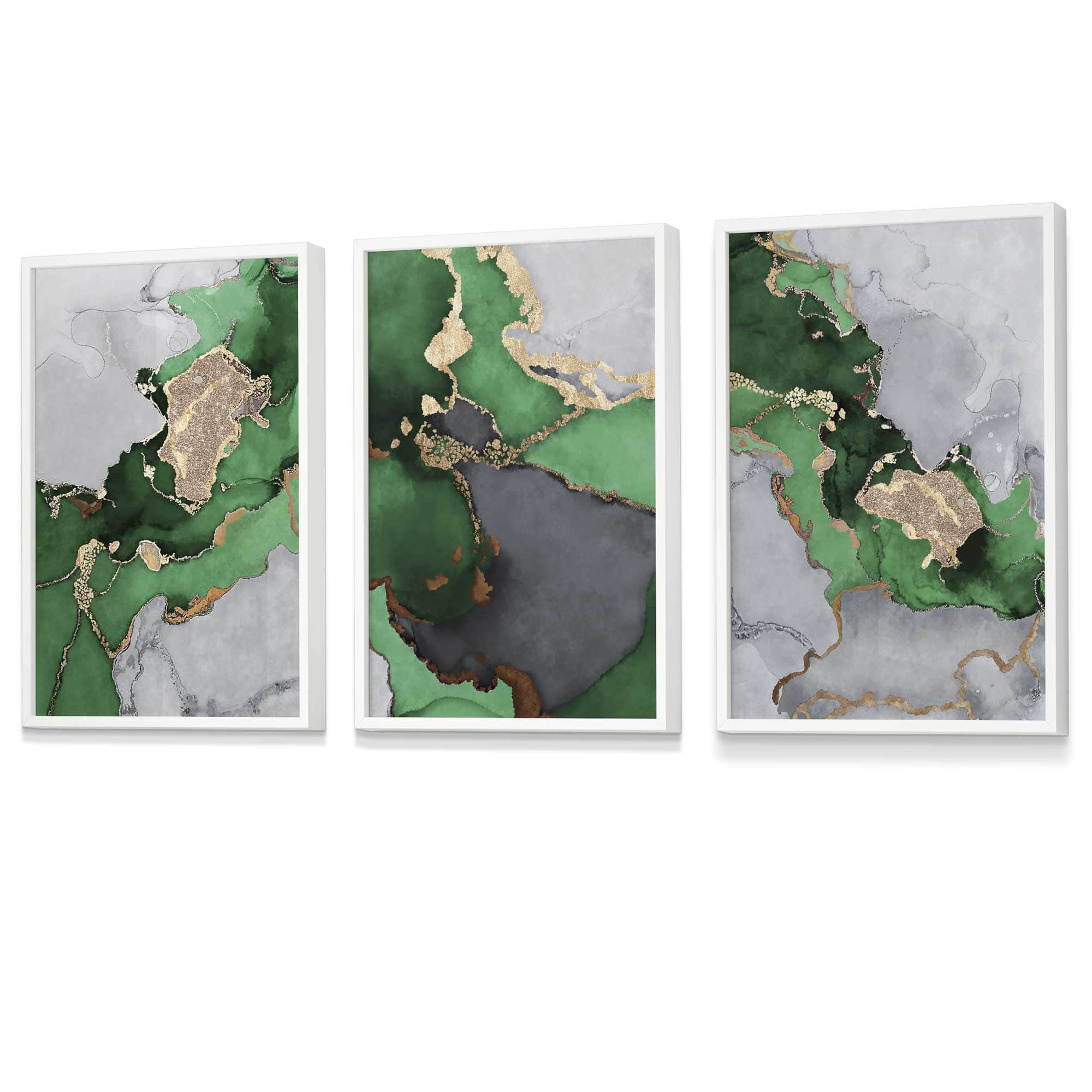 Framed Set of 3 Abstract Art Prints of Paintings Green Grey and Gold | Artze Wall Art UK