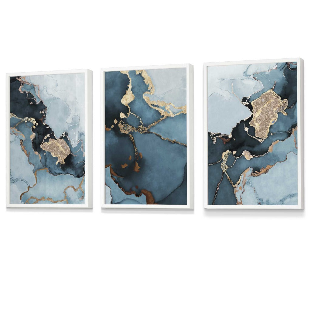 Set of 3 Abstract Teal Blue and Gold Framed Wall Art Prints | Artze Wall Art UK