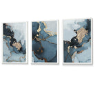 Set of 3 Abstract Teal Blue and Gold Framed Wall Art Prints | Artze Wall Art UK