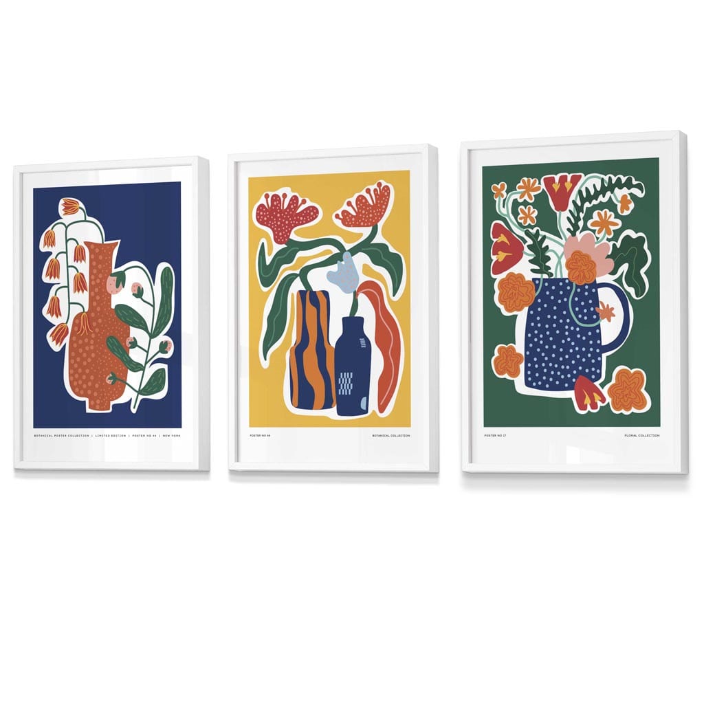 Flower Market Prints in Green, FRAMED Set of 3 with Flowers of London, Edinburgh, Dublin | Artze Wall Art UK