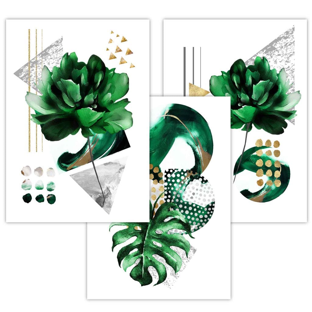 Abstract Green Gold Floral Set of 3 Framed Wall Art | Artze Wall Art UK