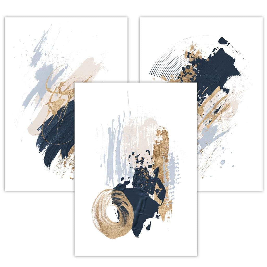 Set of 3 Abstract Posters from Oil Paintings in Blue and Gold
