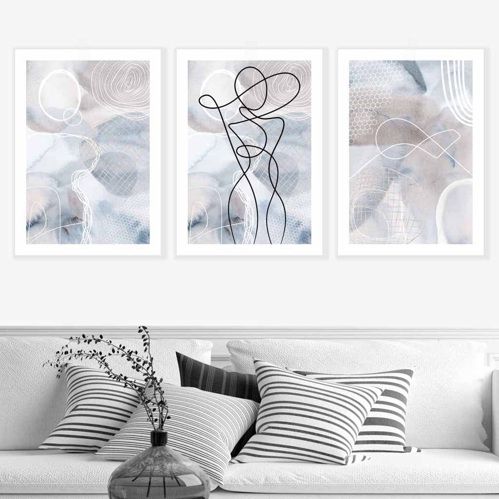Abstract Set of 3 Fashion Line Art Wall Art Prints in Blue & Beige