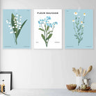 Set of 3 Vintage Graphical Blue Spring Wild Flowers Wall Art Prints