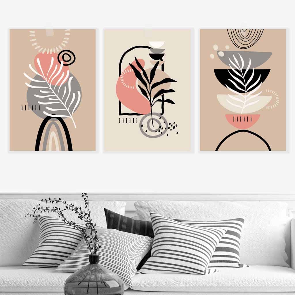 Boho Abstract Set of 3 Wall Art Prints in Pink Black Beige and Grey