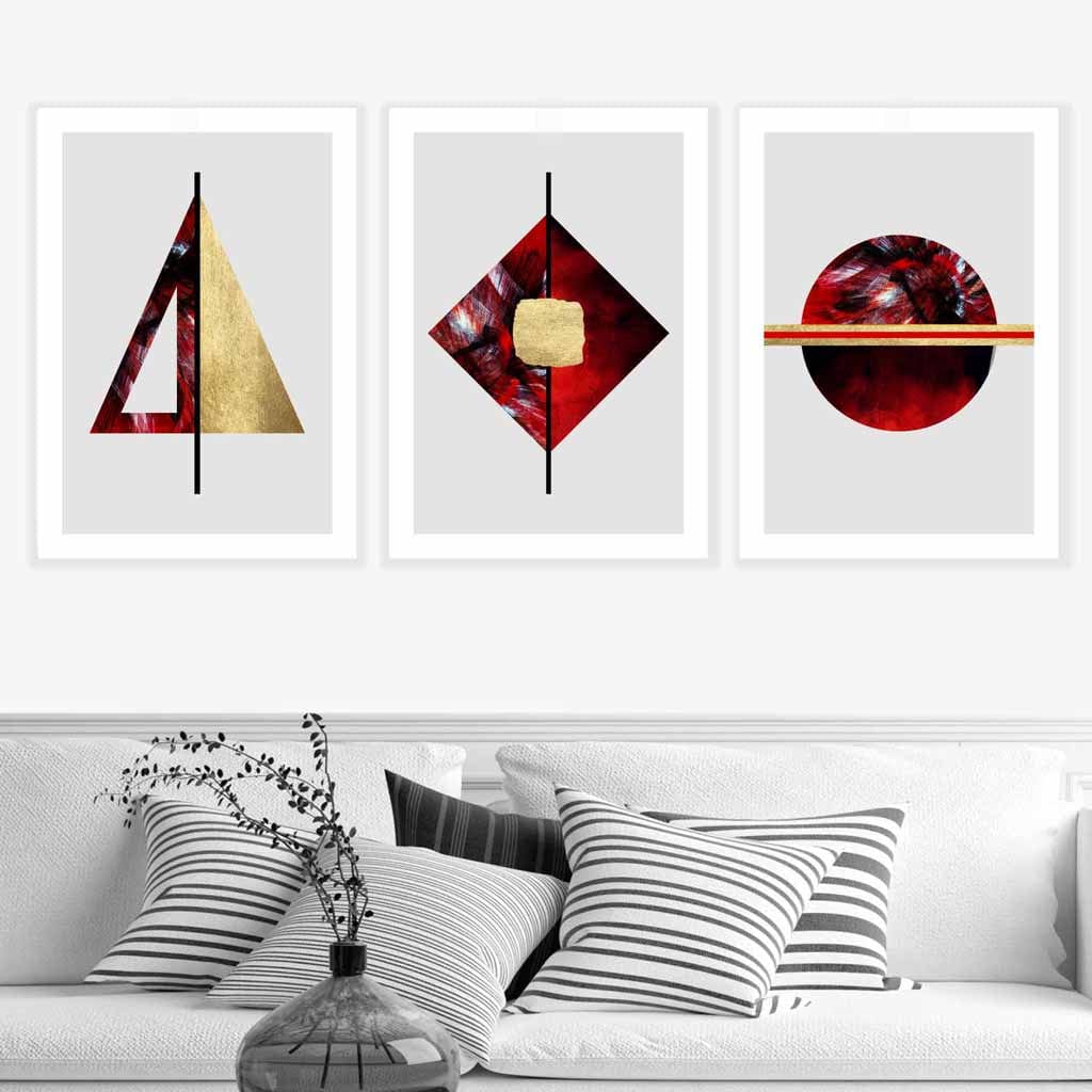 Art Deco Set of 3 Red, Black And Gold Wall Art Prints
