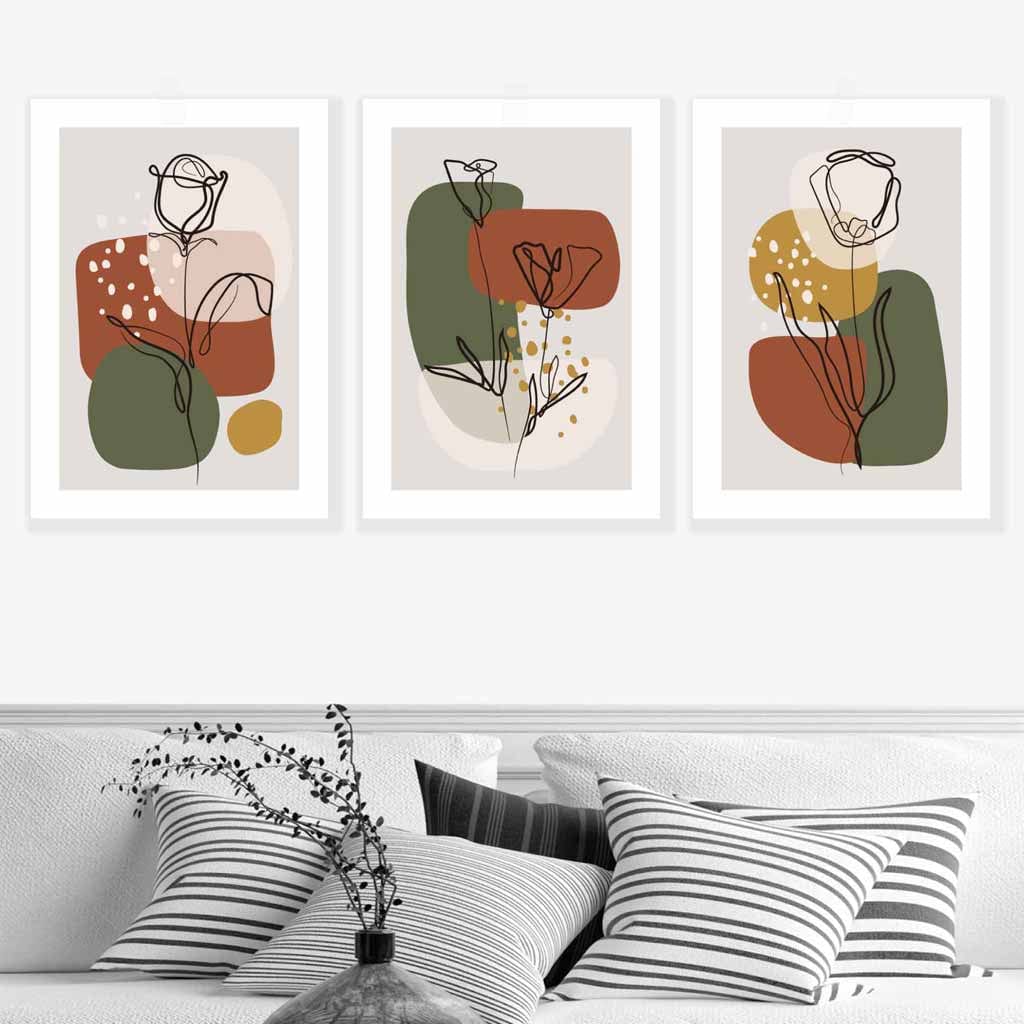 Floral Set of 3 Autumn Boho Wall Art Prints in Orange and Green
