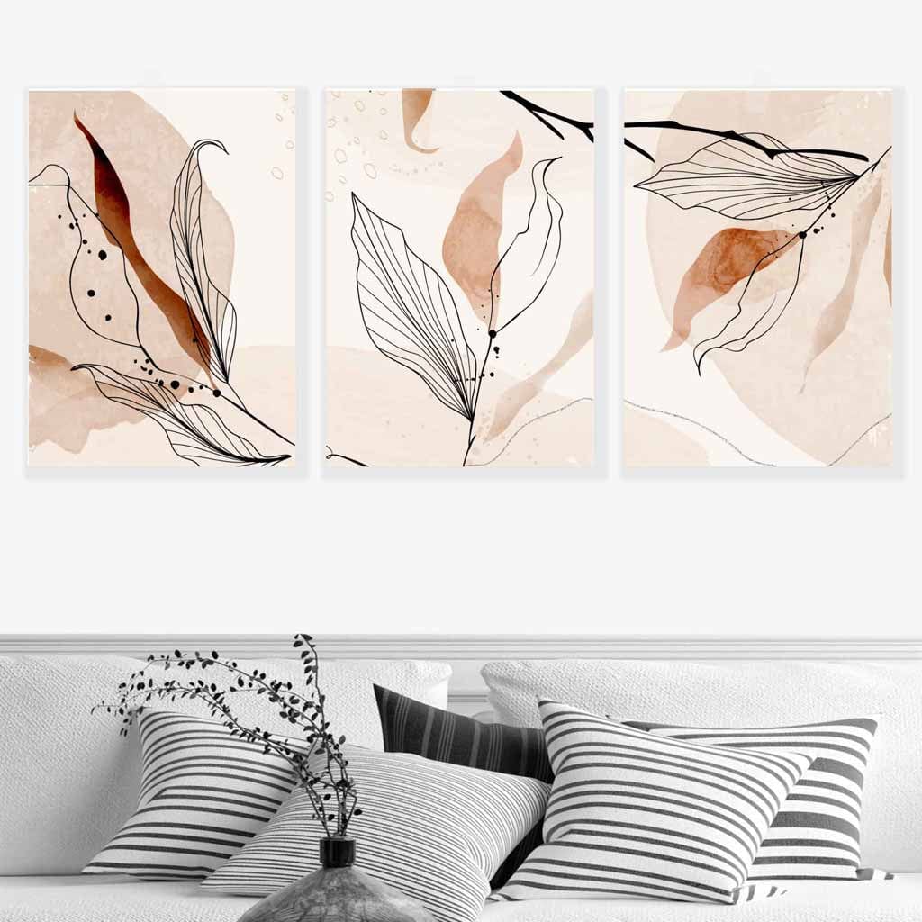 Set of 3 Line Art and Watercolour Autumn Leaves Art Prints