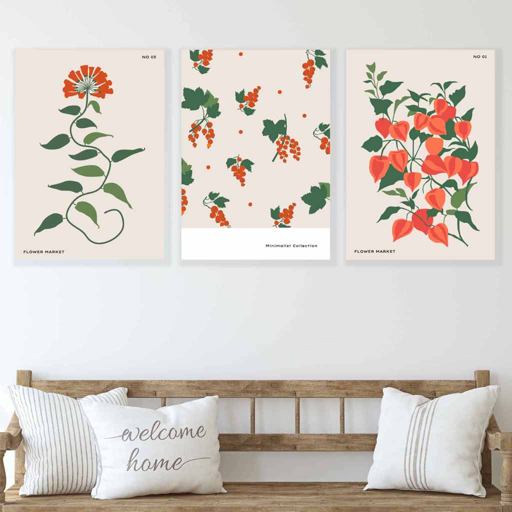 Vintage Graphical Orange Flowers Set of 3 Wall Art Prints