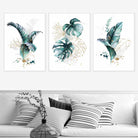 Teal Blue and Gold Botanical Set of 3 Floral Wall Art Prints