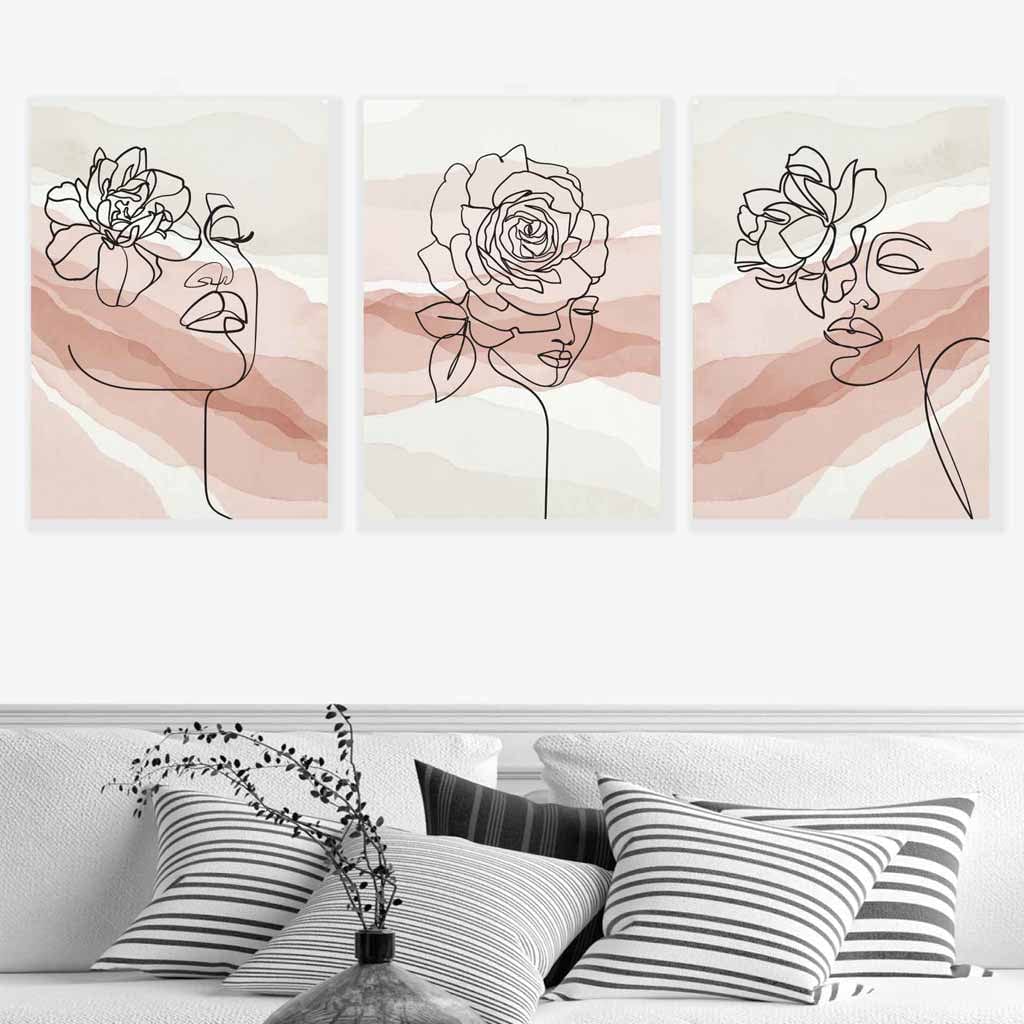 Set of 3 Line Art Floral Faces on Pink and Beige Watercolour Art Posters