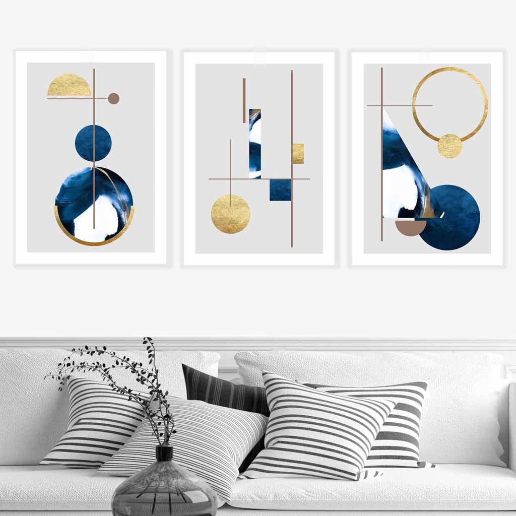 Abstract Set of 3 Textured Geometric Art Wall Art Prints in Navy Blue and Gold