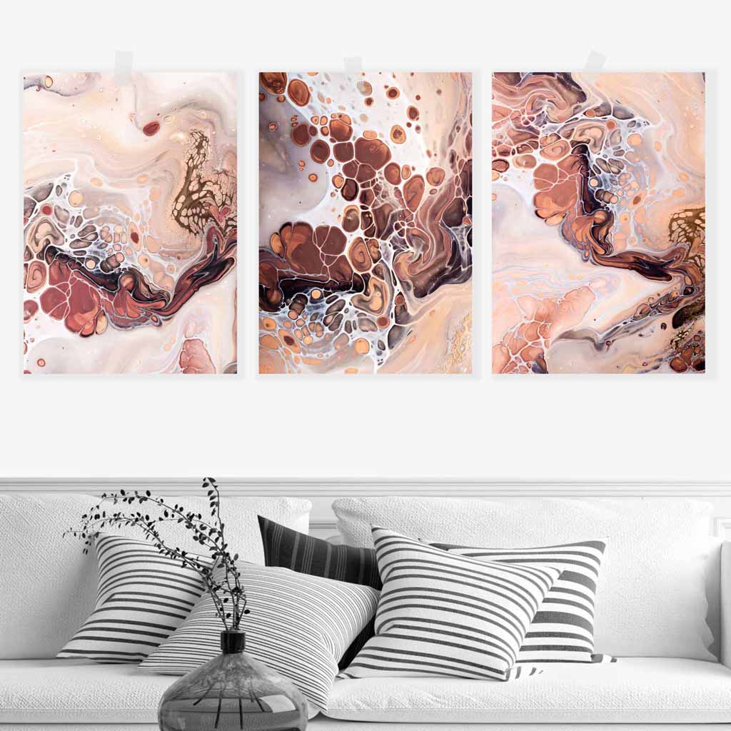 Set of 3 Abstract Beige Brown Terracotta Fluid Wall Art Prints