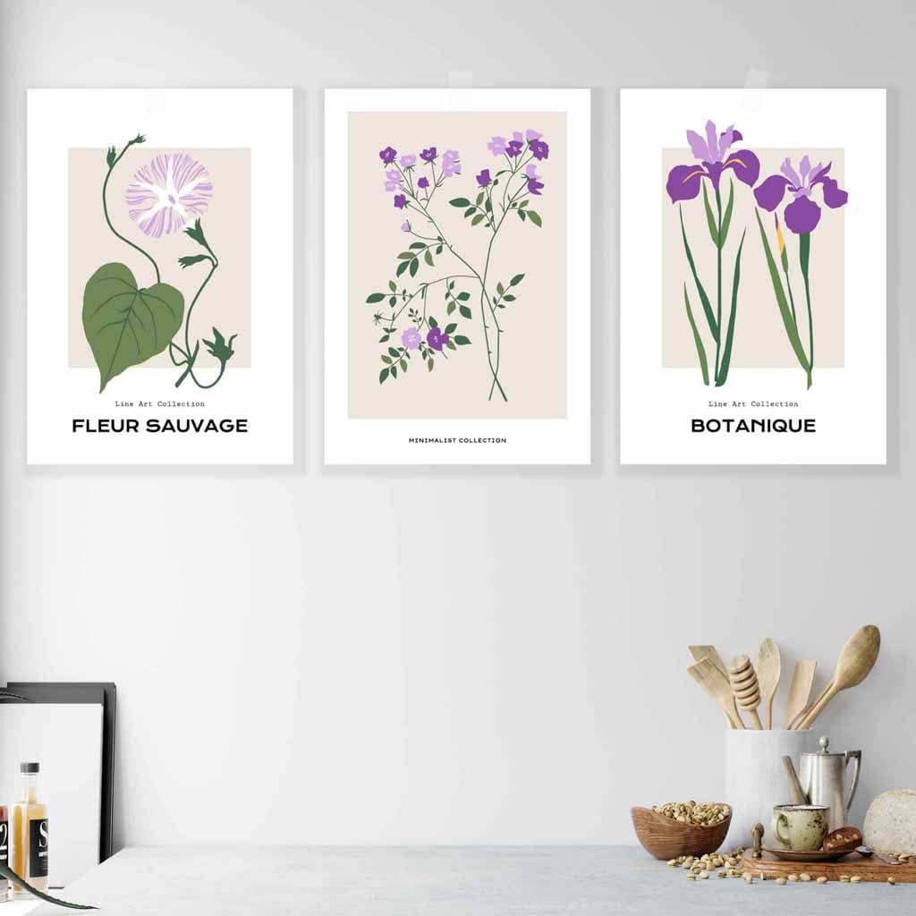Vintage Graphical Lilac Purple Spring Flower Set of 3 Wall Art Prints