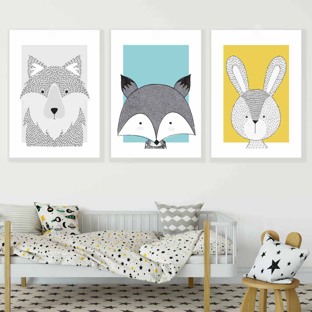 Nursery Set of 3 Scandinavian Prints Sketch Forest Animals Blue Yellow Grey