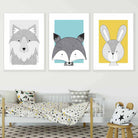 Nursery Set of 3 Scandinavian Prints Sketch Forest Animals Blue Yellow Grey