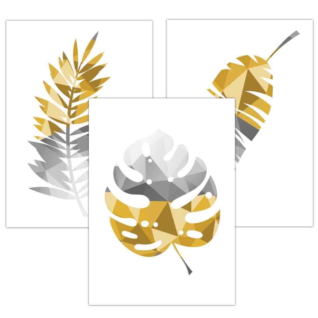 Set of 3 Geometric Yellow Grey Tropical Leaves Wall Art Framed / Prints | Artze Wall Art UK