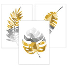 Set of 3 Geometric Yellow Grey Tropical Leaves Wall Art Framed / Prints | Artze Wall Art UK
