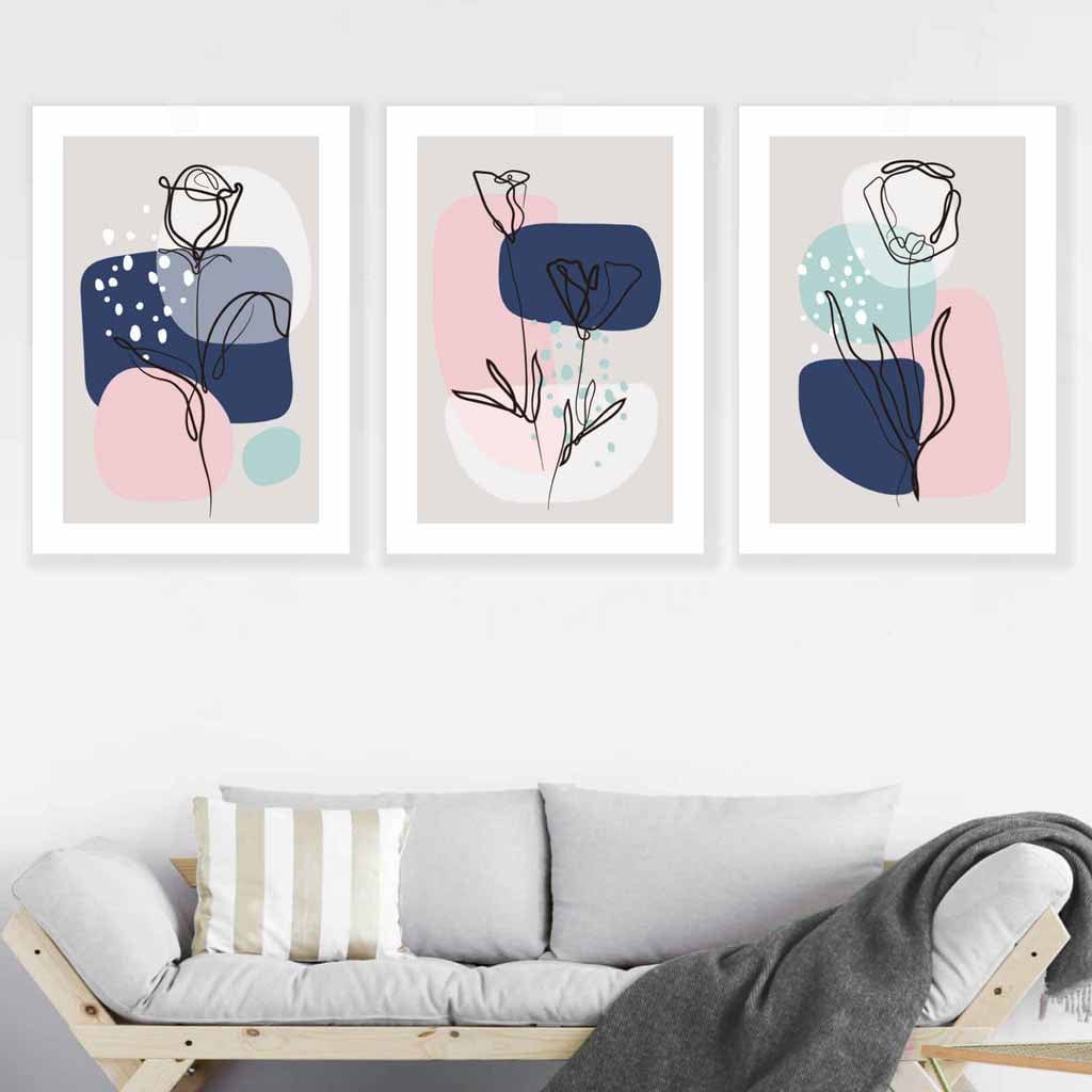 Set of 3 Spring Flowers Boho Wall Art Prints in Blue and Pink