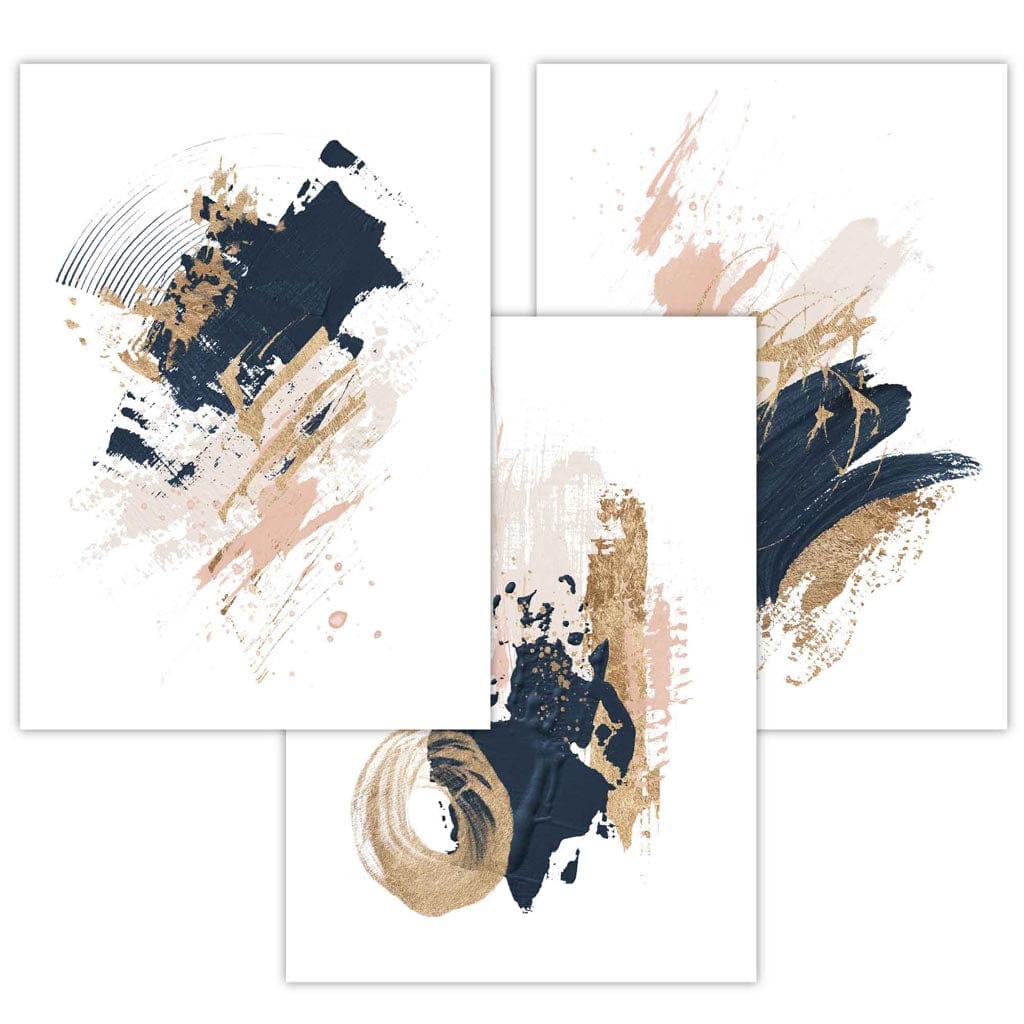 Set of 3 Abstract Posters from Oil Paintings Navy, Gold, Pink