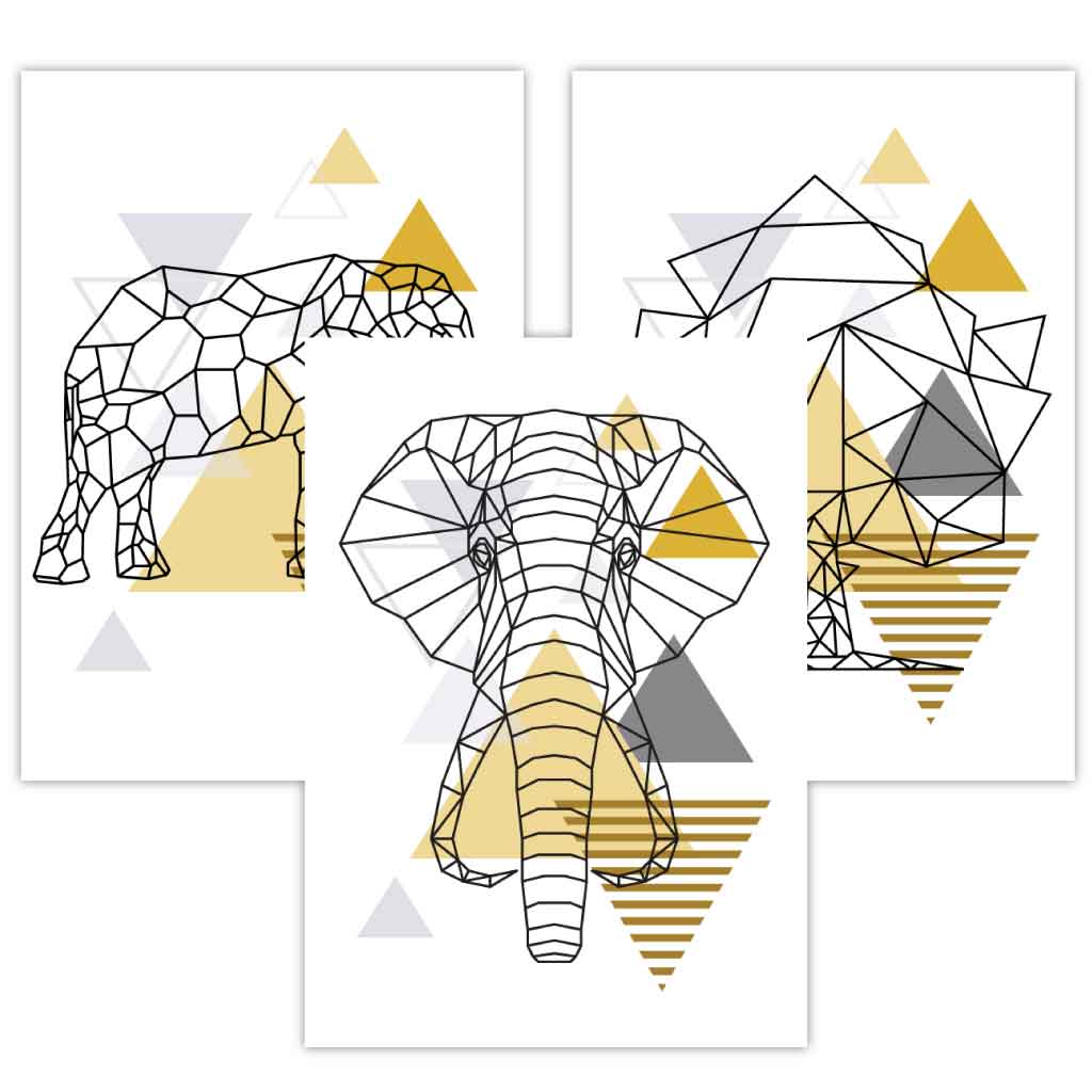 Set of 3 Scandinavian GEOMETRIC YELLOW & Grey ELEPHANT and Tree Art Prints