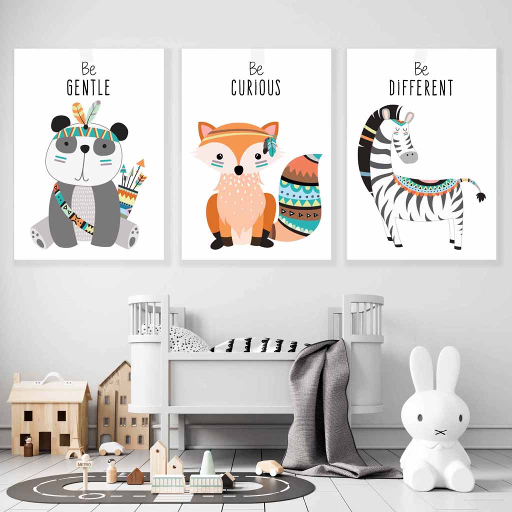 NURSERY Set of 3 Tribal Panda, Fox, Zebra Wall Art Quote Prints