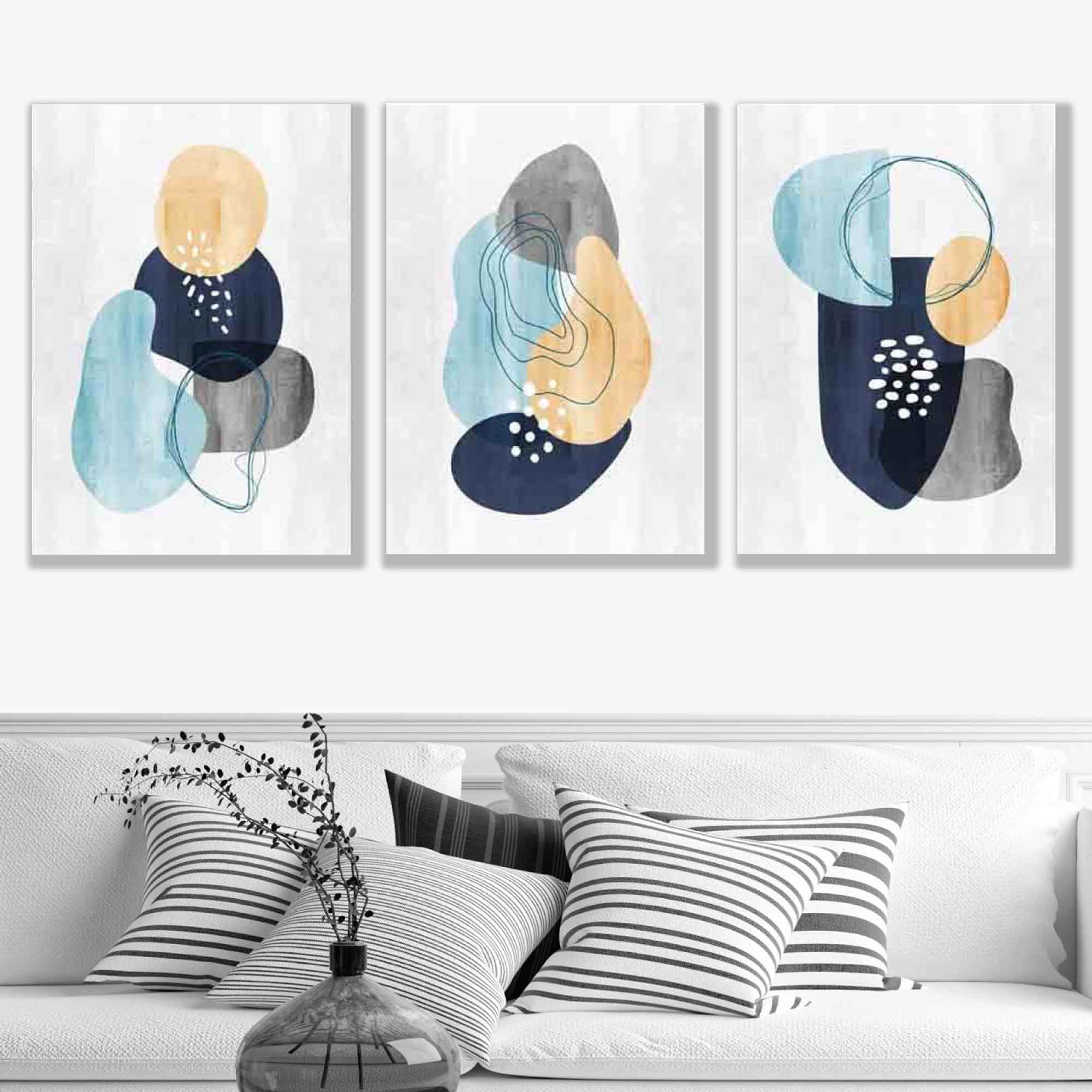 Abstract Navy Grey Yellow Set of 3 Art Prints