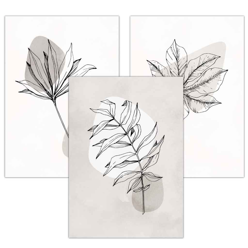 Set of 3 Grey Beige Botanical Line Art Posters