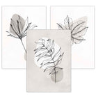 Set of 3 Grey Beige Botanical Line Art Posters