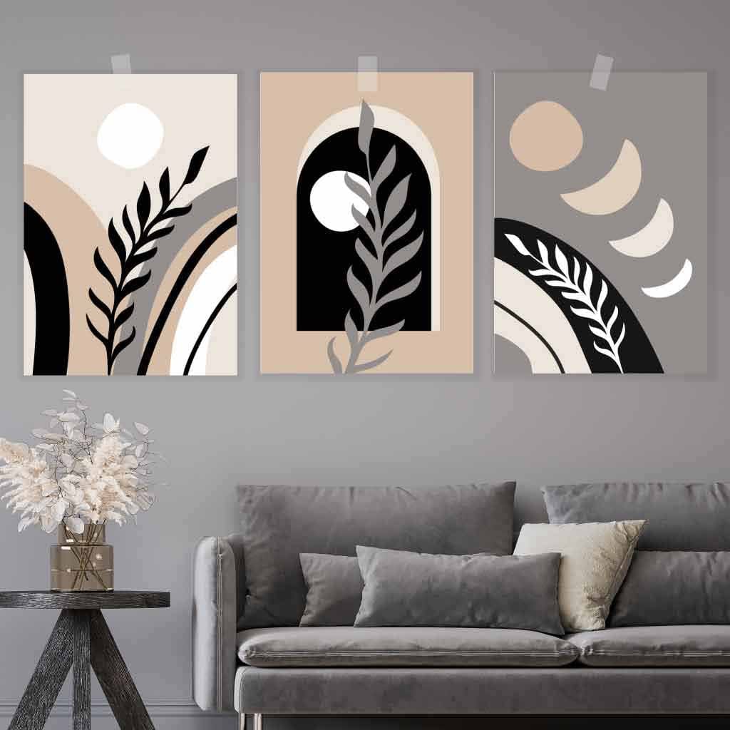 Boho Abstract Set of 3 Wall Art Prints in Black Beige and Grey