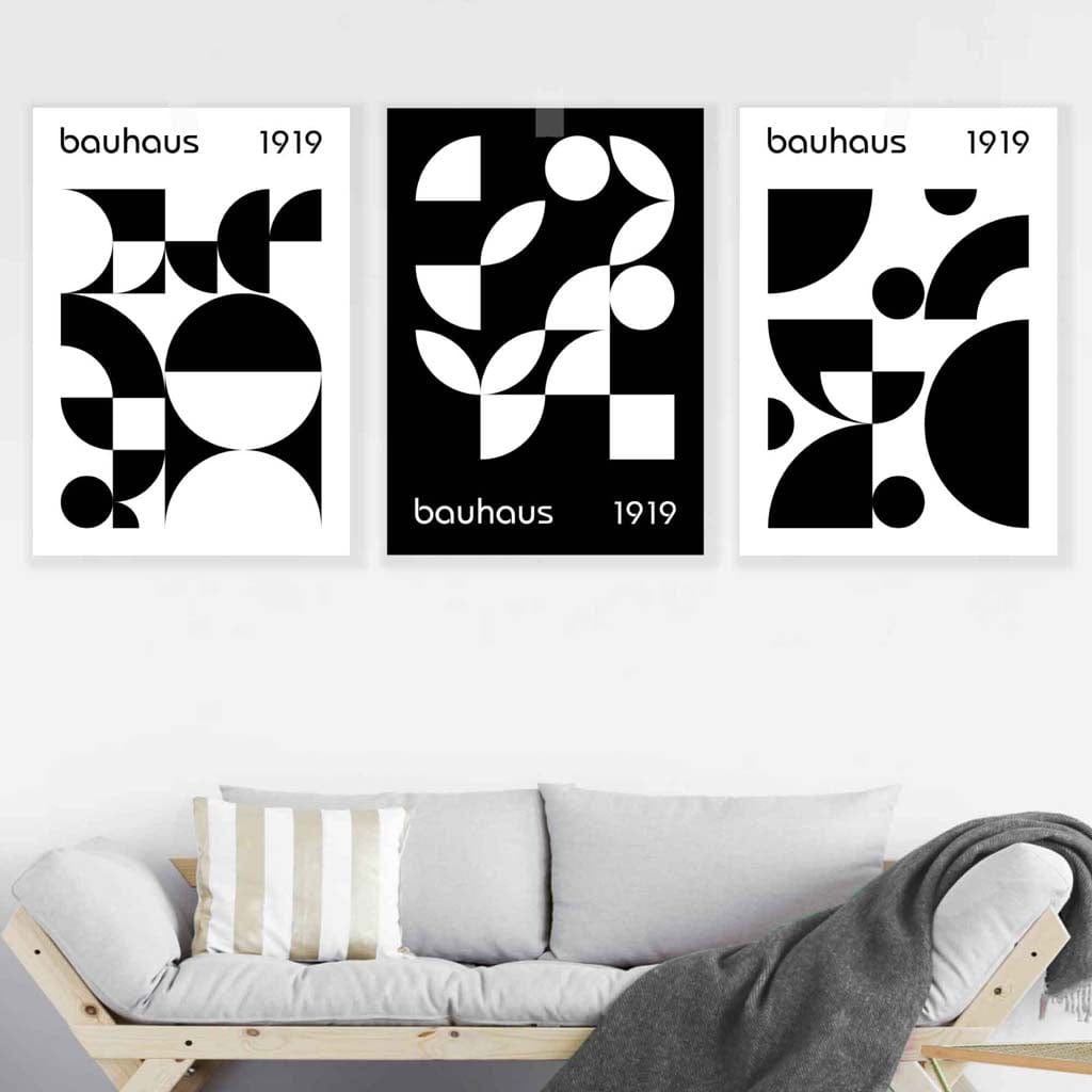 Bauhaus Style Graphical Black & White Geometric Set of 3 Wall Art Prints