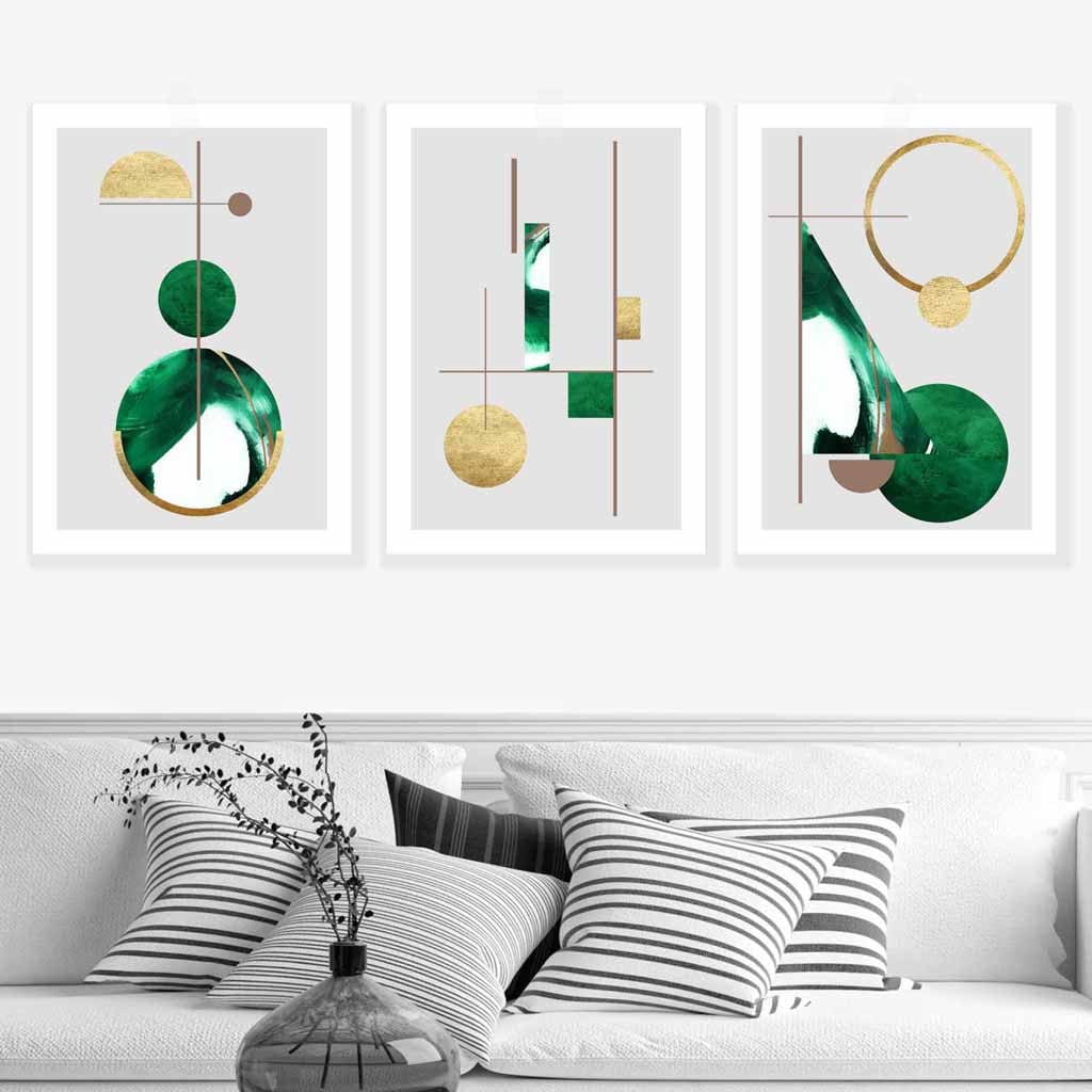 Art Deco Set of 3 Textured Geometric Wall Art Prints in Green and Gold