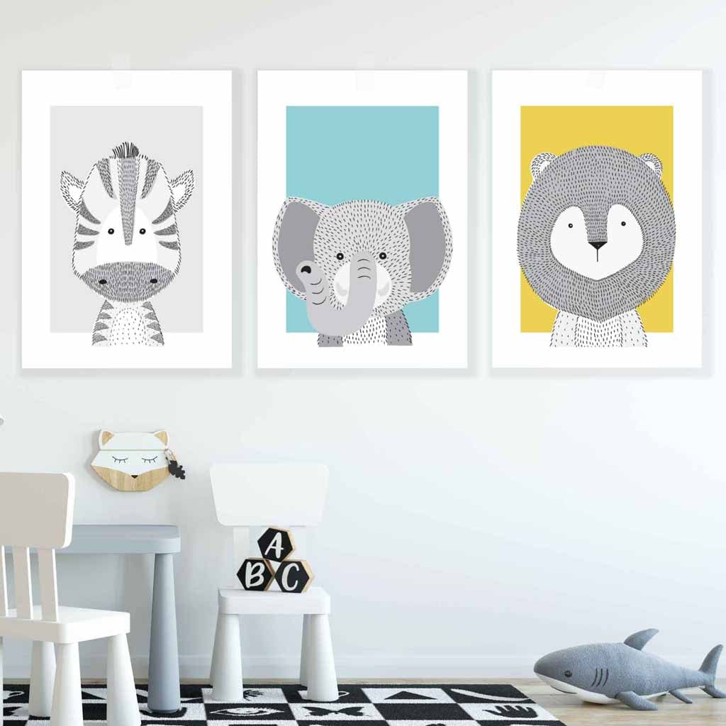 Nursery Set of 3 Scandinavian Prints Sketch Jungle Animals Blue Yellow Grey