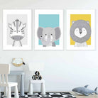 Nursery Set of 3 Scandinavian Prints Sketch Jungle Animals Blue Yellow Grey