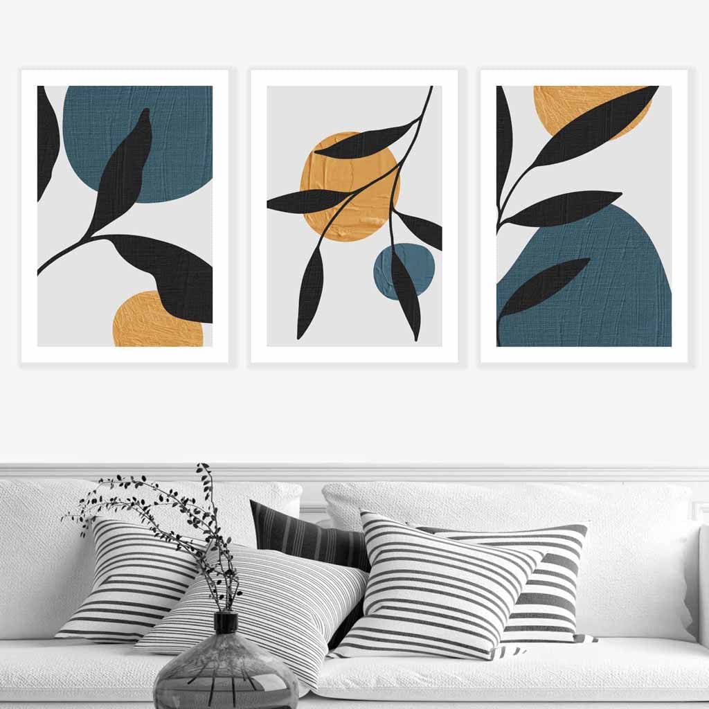 Mid Century Botanical Set of 3 Teal, Yellow Wall Art Prints