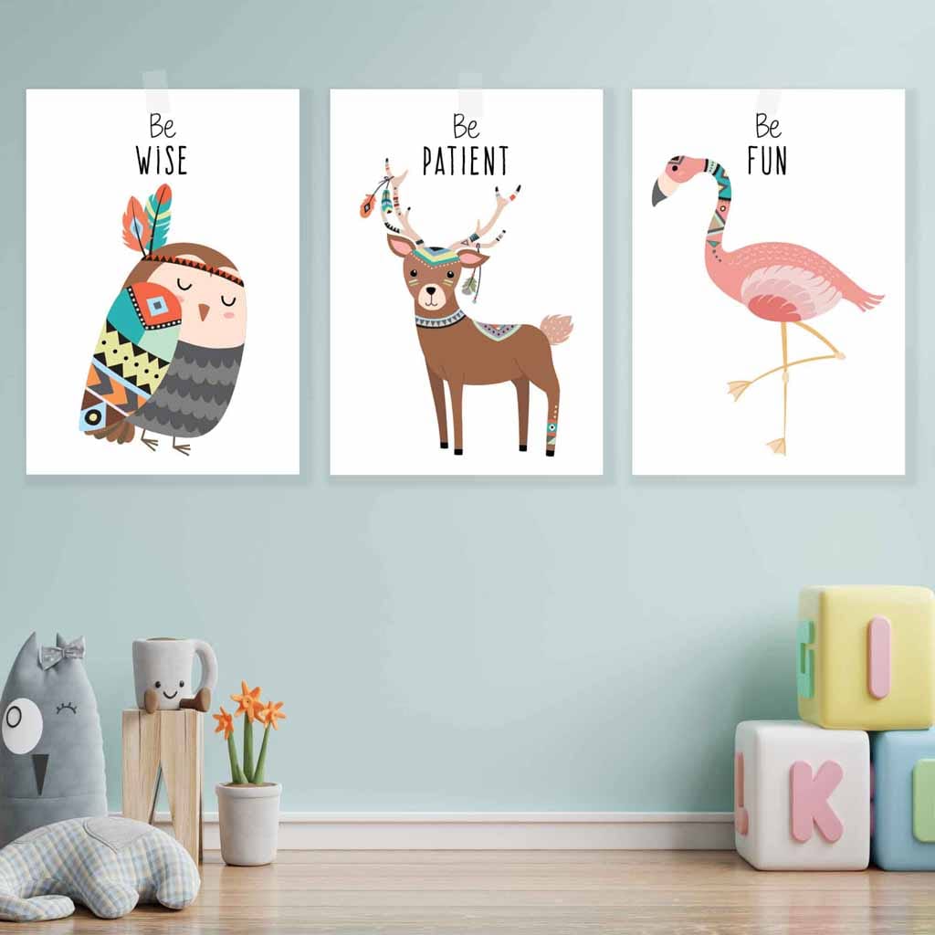NURSERY Set of 3 Tribal Owl, Deer, Flamingo Wall Art Quote Prints
