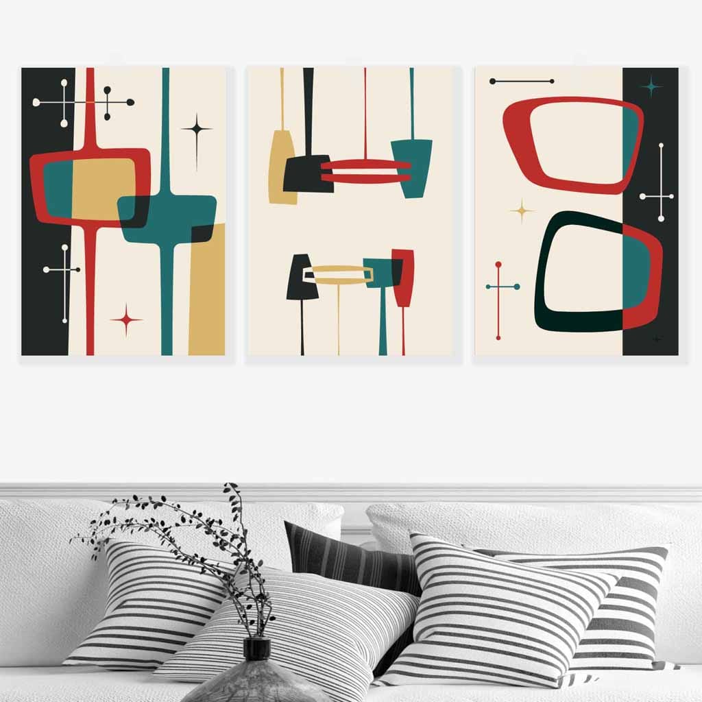 Mid Century Modern Set of 3 Wall Art Prints in Black Teal Red Yellow
