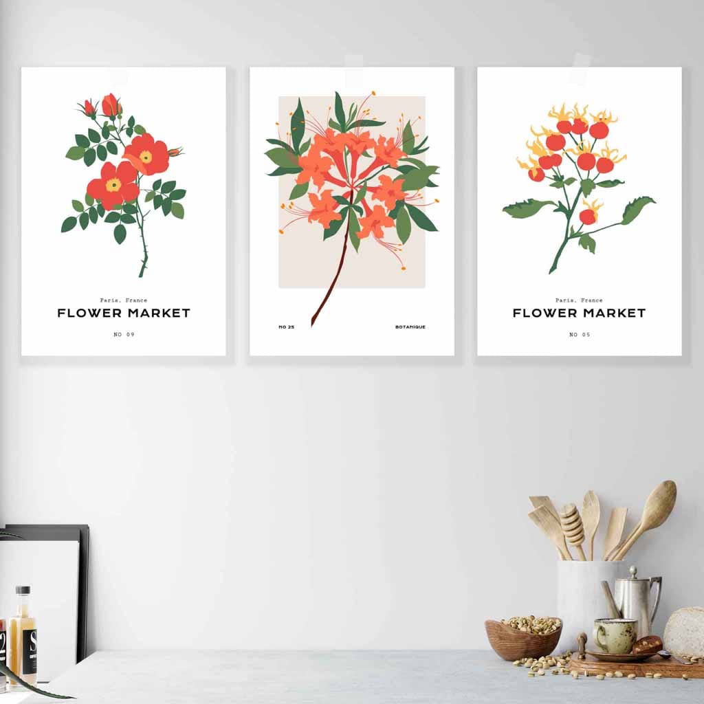 Set of 3 Vintage Graphical Orange Flower Market Wall Art Prints