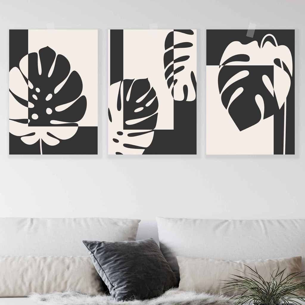 Set of 3 Black Graphical Monstera Botanical Art Prints