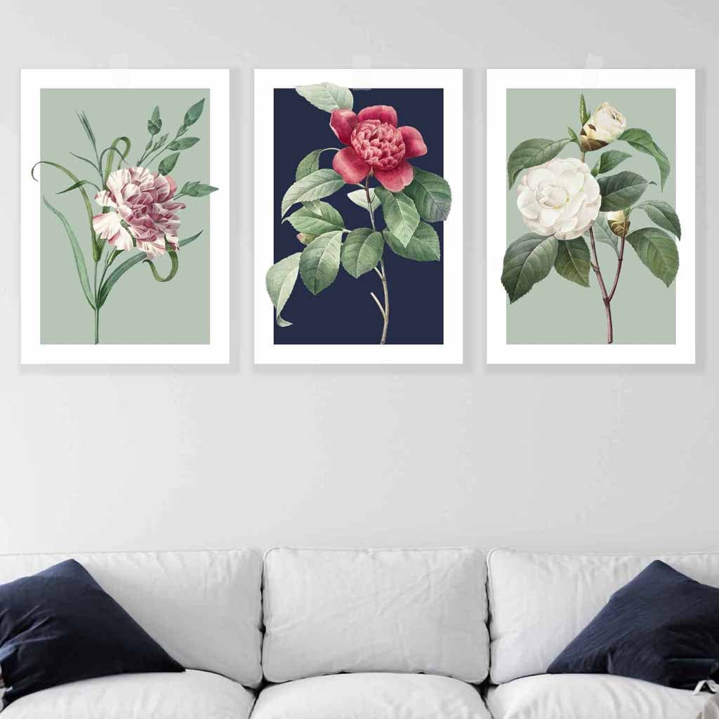 Vintage Flowers Camellia Blue and Green Set of 3 Wall Art Prints