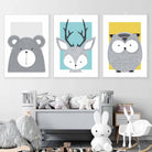 Set of 3 Nursery Prints Scandi Sketch Forest Animals Blue Yellow Grey