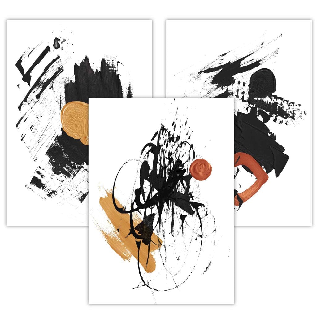 Set of 3 Black and Yellow Prints of Abstract Oil Paintings Wall Art Prints / Framed | Artze Wall Art UK