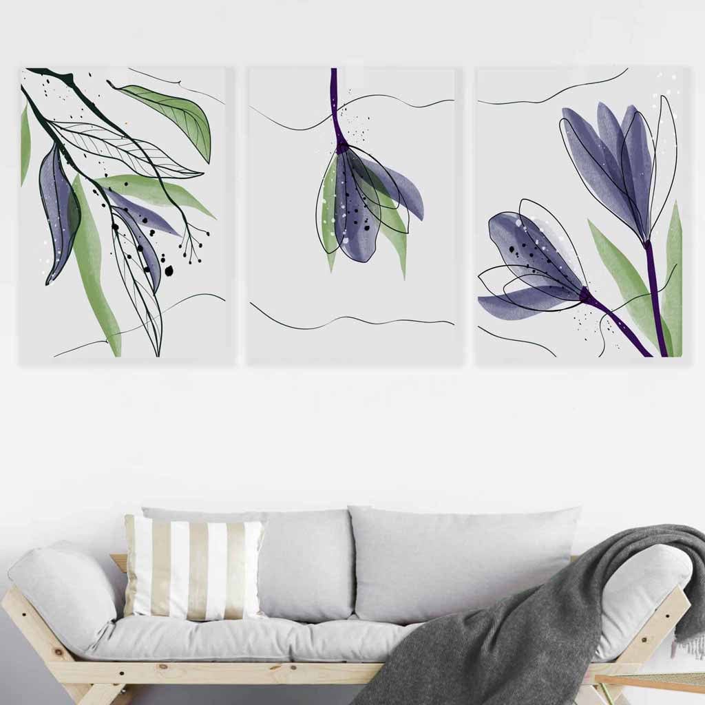 Set of 3 Line Art and Watercolour Spring Crocus Floral Art Prints