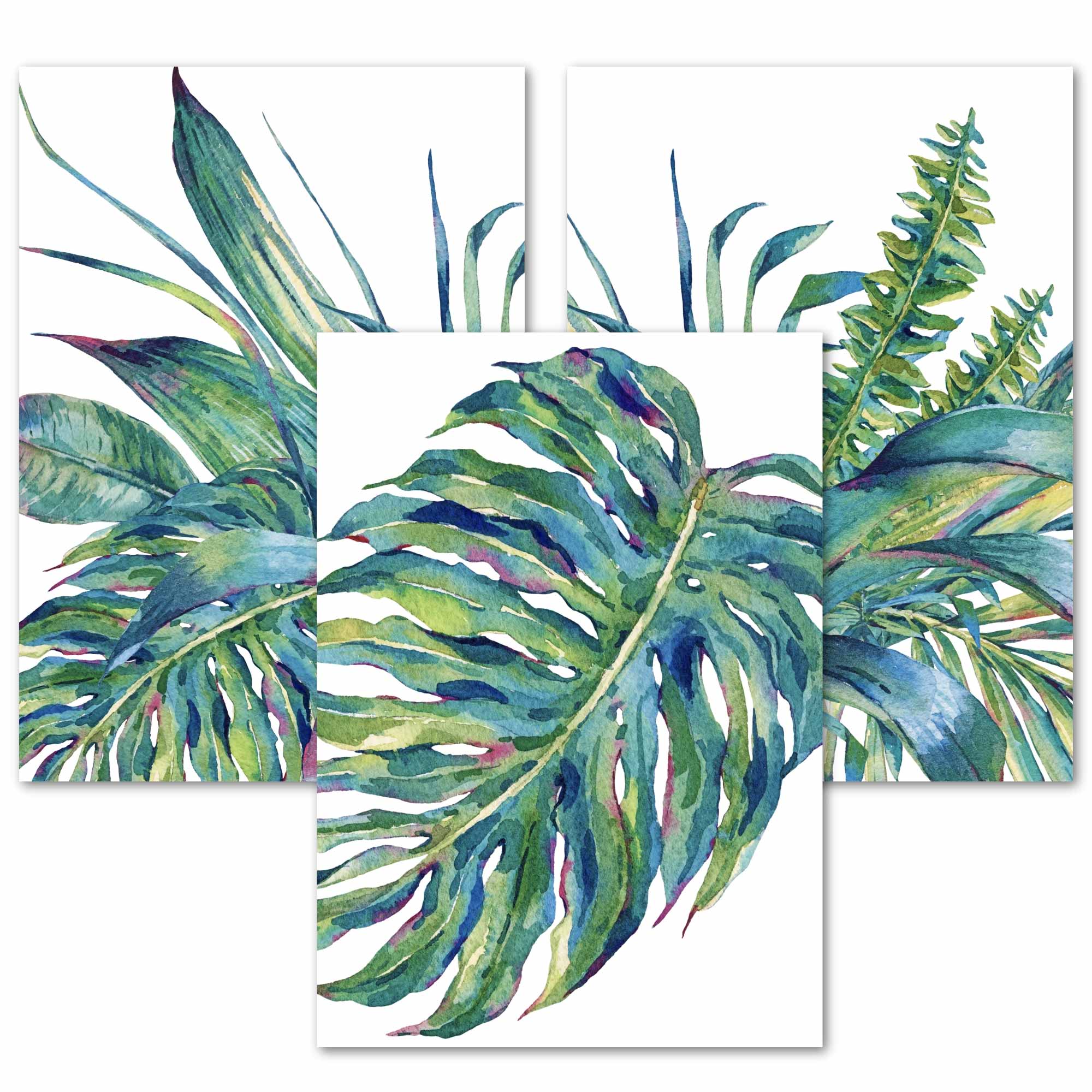 Set of 3 Watercolour Green Blue Tropical Leaves Wall Art Framed Prints | Artze Wall Art UK